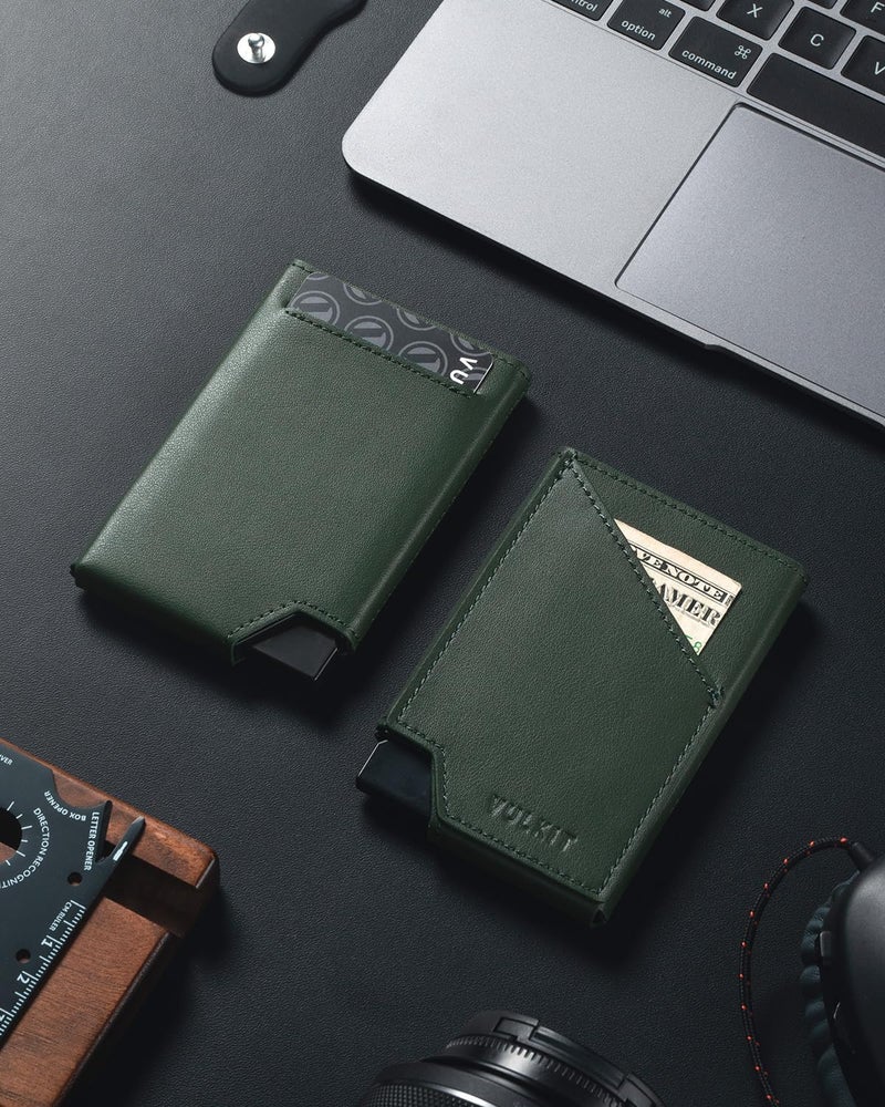 VULKIT Pop up Card Wallet RFID Blocking Slim Aluminum Metal Bank Card Holder Case with Business Money Pocket for Credit Cards Notes and Coins Green - Image 5